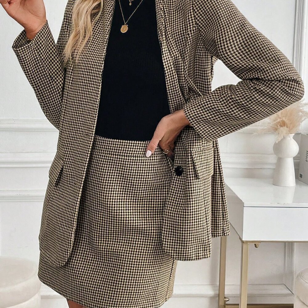 Coffee Brown Elegant Women's Vintage French V-Neck Tailored Suit Set - Picture 5 of 6